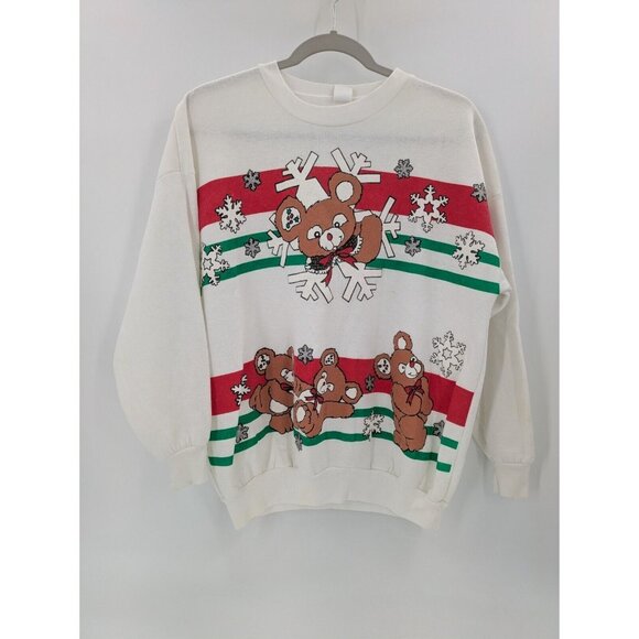 90s Vintage Sweater One Size White Teddy Bear Holiday - Picture 1 of 9